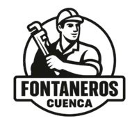 Logo en color negro de Fontaneros Cuenca con figura de fontanero sonriendo sosteniendo una llave inglesa